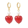 Red Glass Heart with Natural Pearl Dangle Leverback Earrings EJEW-TA00129-1