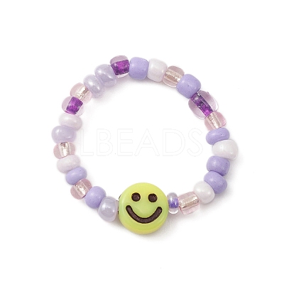 3Pcs 3 Color Glass Seed & Acrylic Smiling Face Beaded Stretch Rings Set RJEW-JR00577-1
