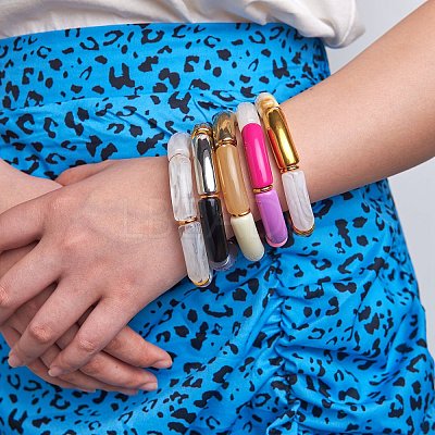 Candy Color Chunky Curved Tube Acrylic Beads Stretch Bracelets Set for Women BJEW-SW00015-1