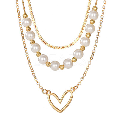 Heart Alloy & Plastic Imitation Pearl 3 Layer Necklaces for Women FS-WGA62EB-01-1