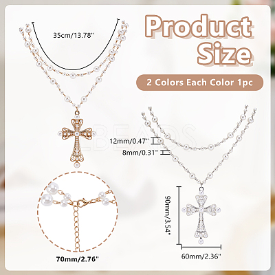 2Pcs 2 Colors Alloy and Imitation Pearl Cross Big Pendant Double-Layer Link Chain Necklaces for Women NJEW-AR0001-09-1