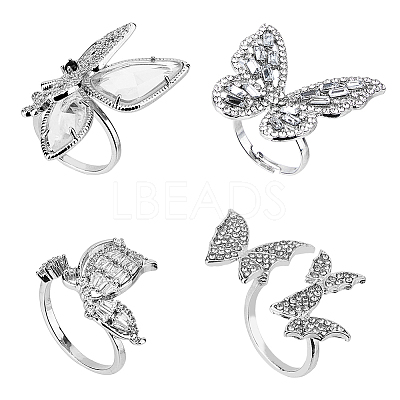 4Pcs 4 Style Rhinestone Butterfly Open Cuff Rings Set RJEW-FI0001-14-1