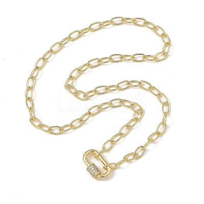 Brass Paperclip Chain Necklaces with Rectangle Brass Micro Pave Clear Cubic Zirconia Screw Carabiner Lock Charms NJEW-JN06410-1