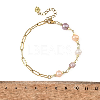 Natural Pearl Two Sides Polished Beaded Chain Bracelets with 304 Stainless Steel Paperclip Chains BJEW-JB14234-02-1