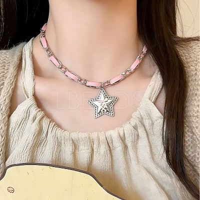 Alloy Enamel Star Pendant Pink PU Leather & Metal Chain Necklaces for Women WG963A2-01-1