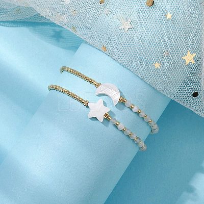 2Pcs 2 Styles Moon & Star Freshwater Shell & Natural Rainbow Moonstone Braided Bead Bracelet Sets BJEW-JB10531-1