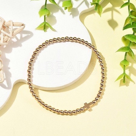 Synthetic Non-magnetic Hematite Round and Religion Cross Beaded Stretch Bracelets for Women BJEW-JB14406-01-1