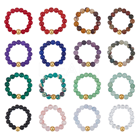 16Pcs 16 Style Natural & Synthetic Mixed Gemstone Round Beaded Stretch Rings Set for Women RJEW-AN0001-01-1