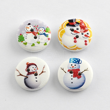 2-Hole Christmas Snowman Printed Wooden Buttons BUTT-R032-057-1