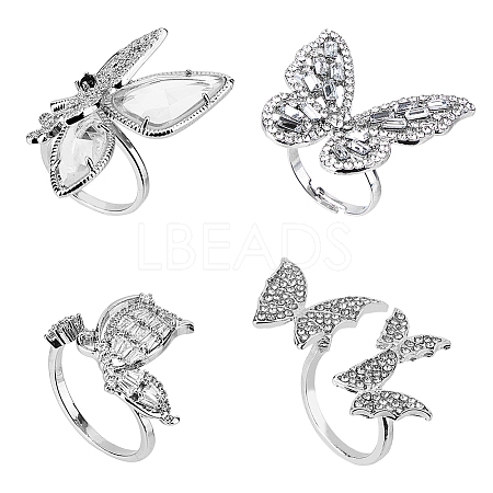 4Pcs 4 Style Rhinestone Butterfly Open Cuff Rings Set RJEW-FI0001-14-1