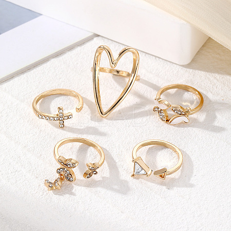 5Pcs Alloy Crystal Rhinestone & Natural Shell Finger Rings Sets FS-WG36854-01-1