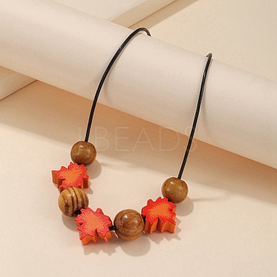 Wooden Round and Maple Leaf Beaded Necklaces with Black Imitation Leather Cord WGC6511-01-1