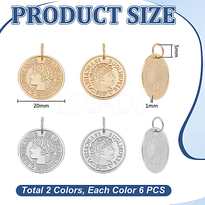 12Pcs 2 Colors 304 Stainless Steel Coin Pendants STAS-UN0064-48-1