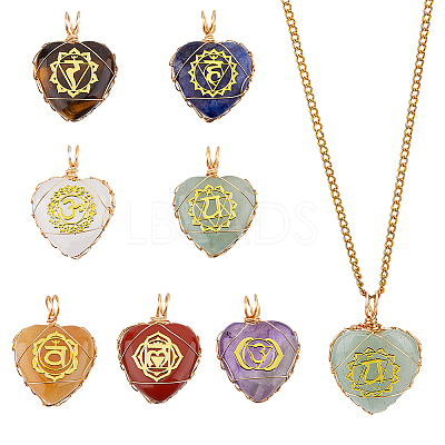 7Pcs 7 Styles Chakra Natural Tiger Eye & Sodalite & Red Jasper & Quartz Crystal & Green Aventurine & Amethyst & Red Aventurine Copper Wire Wrapped Heart Pendants with Golden Tone Metal Slices PALLOY-FH00093-1
