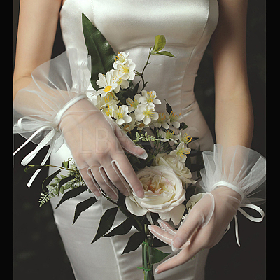 Satin Lace Bridal Short Gloves AJEW-WH0473-10-1
