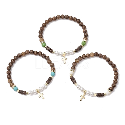 3Pcs 3 Colors 304 Stainless Steel Cross Charm Bracelets BJEW-JB11561-1