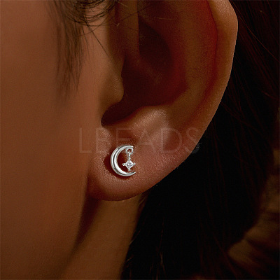 Moon with Star 925 Sterling Silver Micro Pave Clear Cubic Zirconia Cartilage Earrings FS-WGA2317-04-1