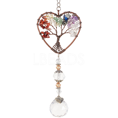 1Pc Natural Gemstone Chips Heart with Tree of Life Hanging Ornaments HJEW-BBC0001-16-1