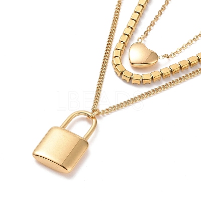 Crystal Rhinestone Heart & Word Love You Padlock Charms Triple Layer Necklace NJEW-C036-07G-1