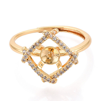 Rhombus Brass Micro Pave Clear Cubic Zirconia Cup Peg Ring Settings KK-T076-10G-1