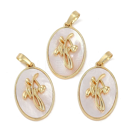 Rack Plating Brass Pave Shell Oval Pendants KK-U032-92G-12-1