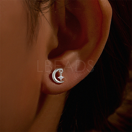Moon with Star 925 Sterling Silver Micro Pave Clear Cubic Zirconia Cartilage Earrings FS-WGA2317-04-1
