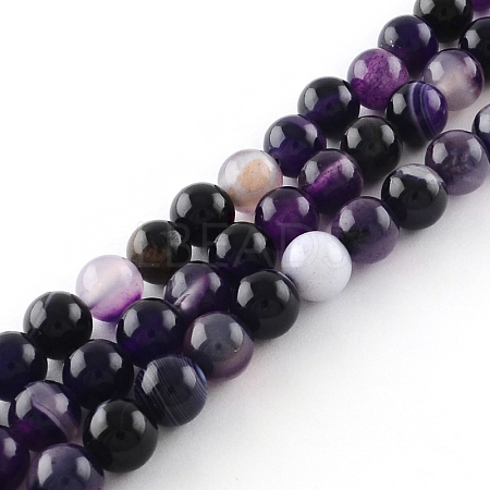 Dyed Natural Striped Agate/Banded Agate Round Bead Strands G-R342-4mm-03-1