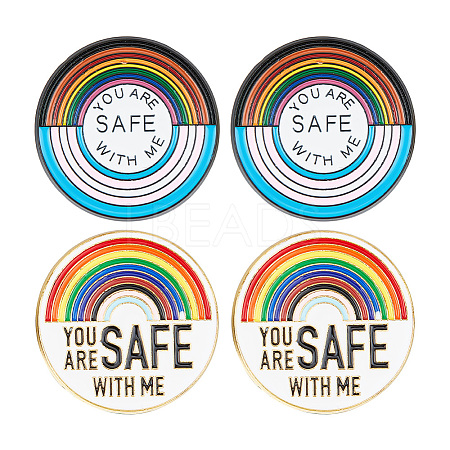 GOMAKERER 4Pcs 2 Styles Flat Round & Rainbow with Word You Are Safe with Me Enamel Pins FIND-GO0001-85-1