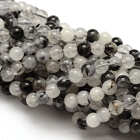 Natural Black Rutilated Quartz Round Beads Strands X-G-E251-30-6mm-1