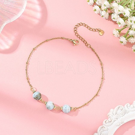 Round Natural Larimar Beads 304 Stainless Steel Satellite Chain Anklets for Women AJEW-AN00877-1