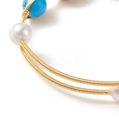 Mixed Stone & Natural Pearl Beads Wire Wrapped Cuff Bangle BJEW-JB07507-1