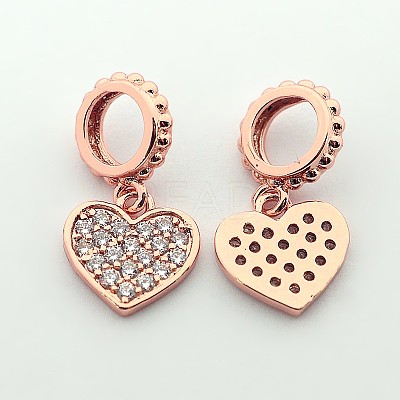 Brass Micro Pave Cubic Zirconia Large Hole European Dangle Heart Charms X-ZIRC-N009-01RG-1