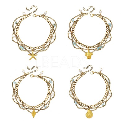 Summer Beach Alloy Sea Animal Charm Anklets AJEW-AN00885-1