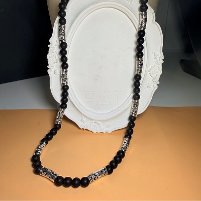 Vintage Frosted 8MM Natural Black Onyx(Dyed & Heated) Round Beaded Necklaces with Alloy Tube for Men QJ9371-1