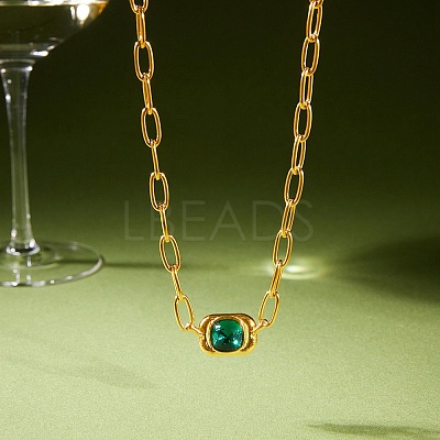 304 Stainless Steel Green Glass Geometric Pendant Necklaces for Women SA-CBA8C9C-11D-G-1
