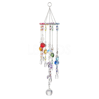 Glass & Stainless Steel Round & Teardrop & Octagonal Beads Hanging Suncatchers HJEW-JM04536-1
