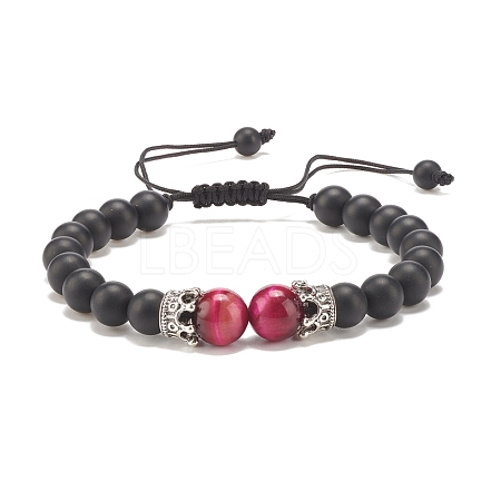 Natural Frosted Dyed & Heated Black Agate & Tiger Eye Braided Bead Bracelet with Alloy Crown BJEW-JB08249-03-1