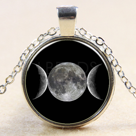 Moon Pattern Flat Round Glass Pendant Necklaces NJEW-N0051-043F-02-1