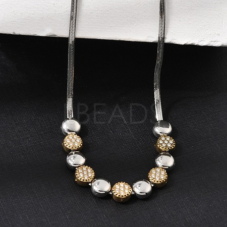 Duo Tone 304 Stainless Steel Micro Pave Clear Cubic Zirconia Beaded Pendant Flat Snake Chain Necklaces SA-CBAB122-01A-1