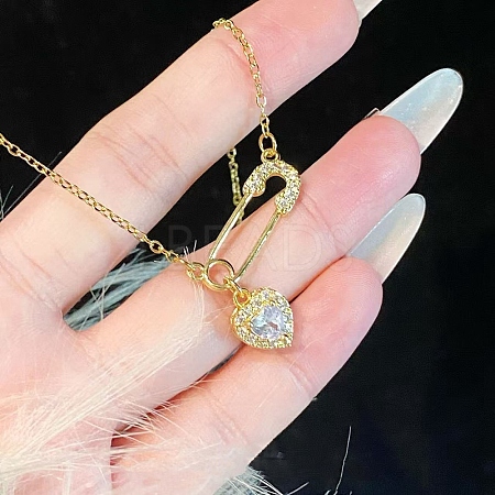 Heart Safety Pin Brass Pave Cubic Zirconia Pendant Necklaces for Women FS-WGA6C95-04-1