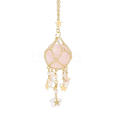 Natural Rose Quartz with Rack Plating Brass Pendants Decorations AJEW-B023-01G-06-1