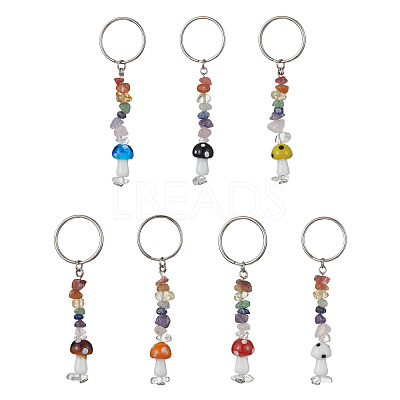 7Pcs 7 Styles Chakra Natural Gemstone Chips Keychains with Lampwork Mushroom Charm KEYC-JKC00547-S-1