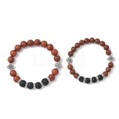 2Pcs 2 Styles Natural Lava Rock & Wood Round Beaded Stretch Bracelets Sets for Men Women BJEW-JB12352-1