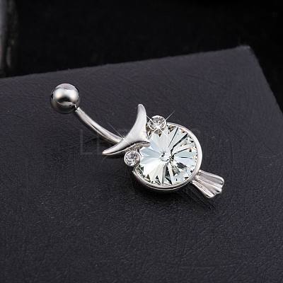 Piercing Jewelry Real Platinum Plated Brass Cubic Zirconia Owl Navel Ring Navel Ring Belly Rings AJEW-EE0001-33A-1