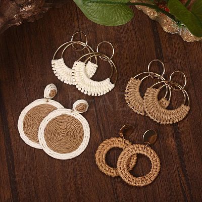 4Pairs Flat Round Alloy Raffia Dangle Stud Earrings FS-WG1ECDE-01-1