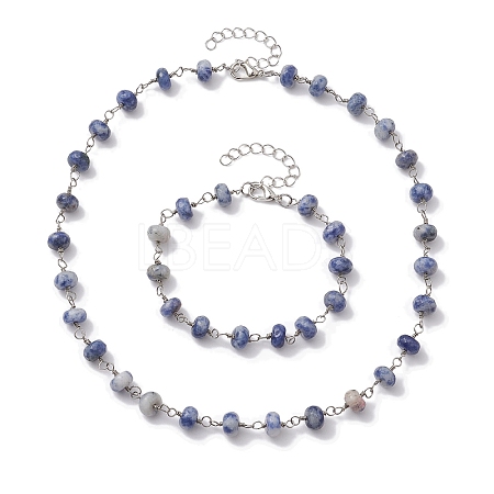 Rondelle Natural Blue Spot Jasper Links Bracelets & Necklaces Sets SJEW-JS01295-03-1