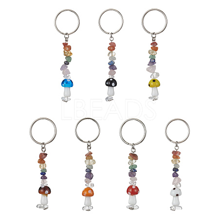 7Pcs 7 Styles Chakra Natural Gemstone Chips Keychains with Lampwork Mushroom Charm KEYC-JKC00547-S-1