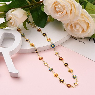 Golden Brass Flower Enamel Links Chain Necklaces NJEW-JN03171-01-1