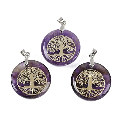 Natural Amethyst Flat Round Pendants G-Q188-01P-09-1
