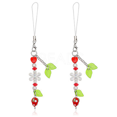 Strawberry & Leaf & Flower Handmade Lampwork Mobile Straps HJEW-WH0007-31-1
